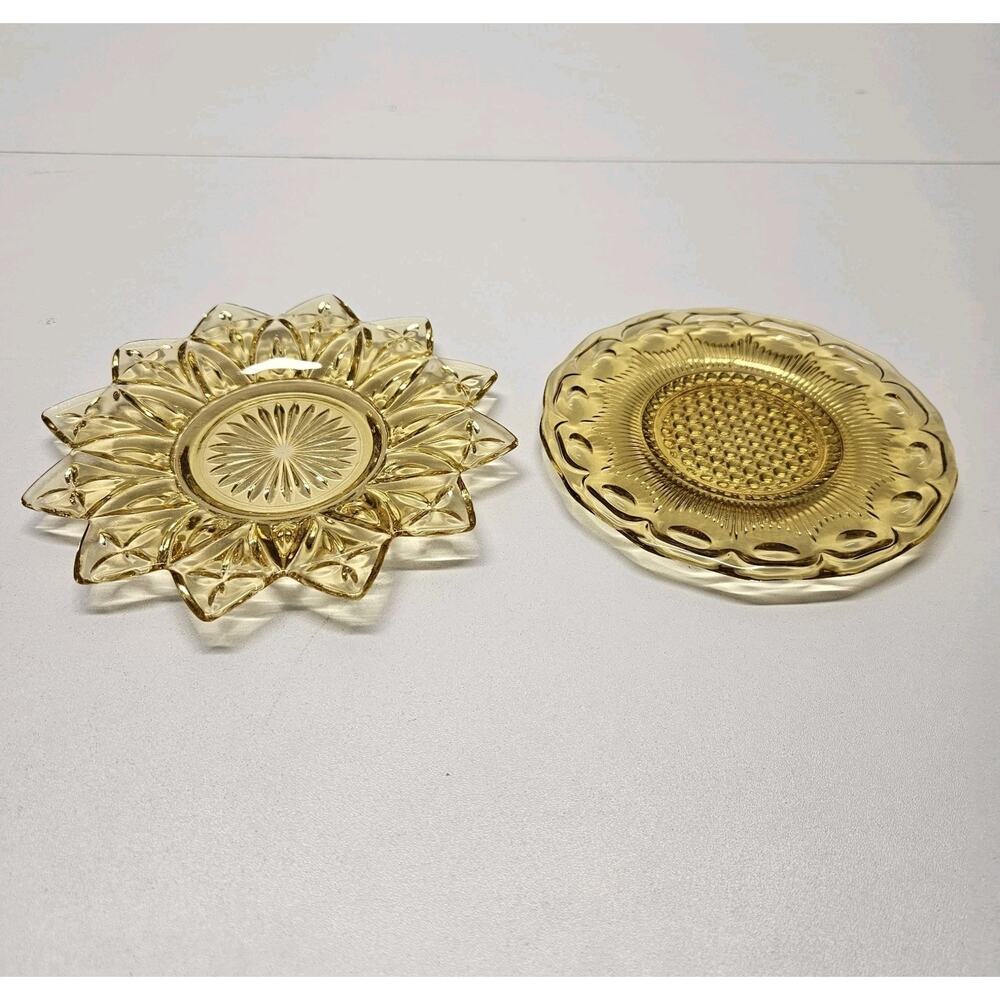 Vtg MidCentury Yellow Sungold Topaz Federal Glass Flower Petal & Round Plate Set